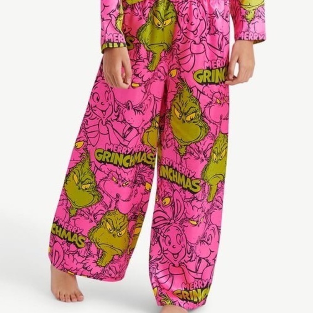 Justice x The Grinch Girls Pink Satin Pajama Pants Only Merry Grinchmas Size 10